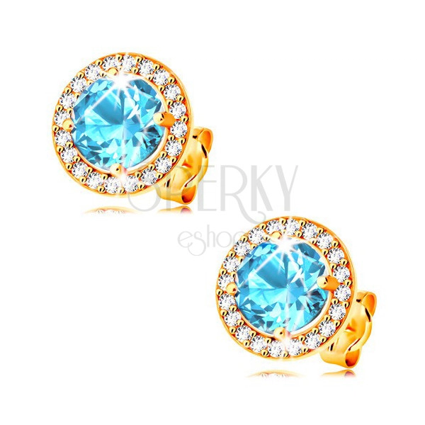 Earrings made of yellow 14K gold - blue synthetic aquamarine with clear zircons
