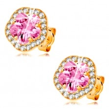 Earrings made of yellow 14K gold - shimmering pink-clear zircon flower