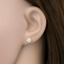 14K gold earrings - lustrous flower in clear colour and tiny shiny hearts