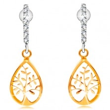 Earrings made of combined 14K gold- arc composed of clear zircons, tree of life