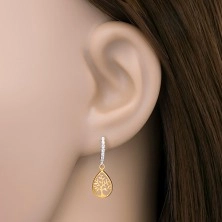 Earrings made of combined 14K gold- arc composed of clear zircons, tree of life