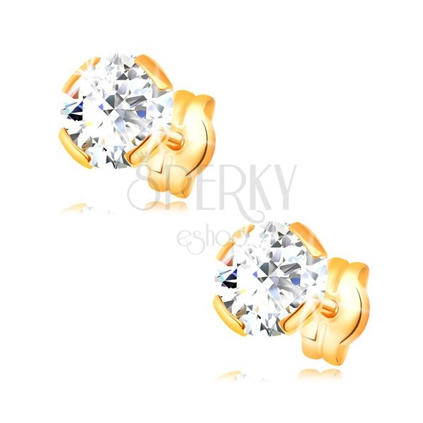 585 gold earrings - round clear zircon, studs, 6 mm