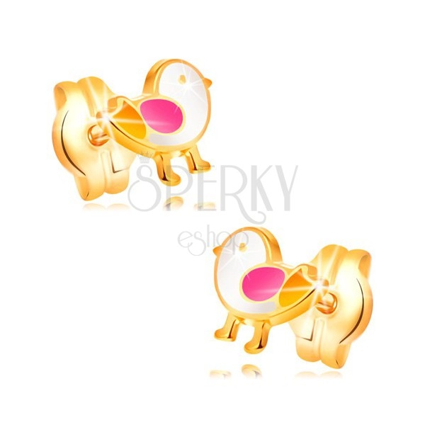 Earrings made of yellow 14K gold - bird adorned with white, pink and yellow glaze