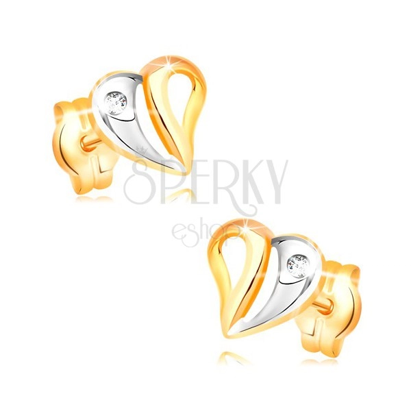 Earrings made of yellow and white 14K gold - bicoloured heart with cutouts and zircon