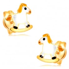 Stud earrings made of yellow 14K gold - white rocking horse with yellow mane