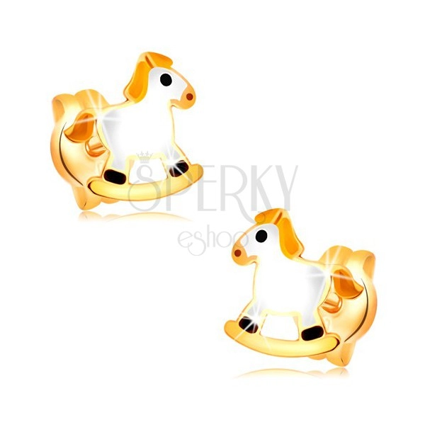 Stud earrings made of yellow 14K gold - white rocking horse with yellow mane