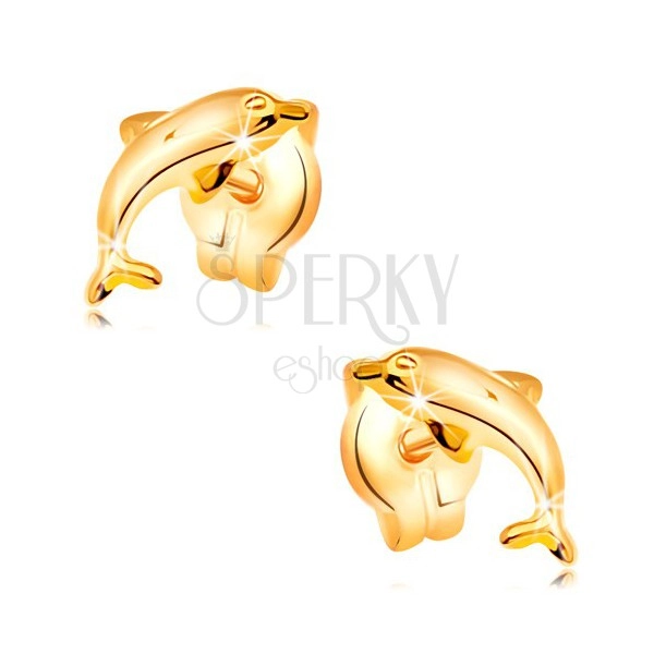 Earrings made of yellow 14K gold - jumping dolphin, shiny protruding surface