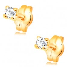 Earrings made of yellow 585 gold - round transparent zircon, 2 mm