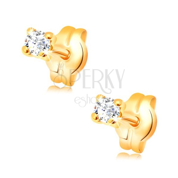 Earrings made of yellow 585 gold - round transparent zircon, 2 mm