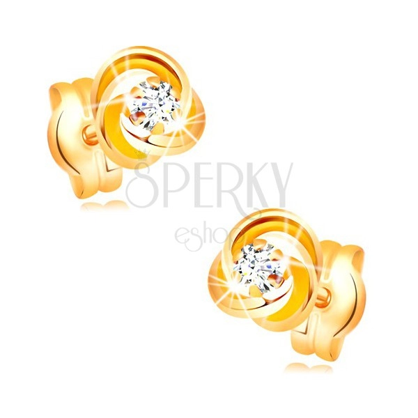Earrings made of yellow 585 gold - knot composed of three hoops, clear zircon in the middle