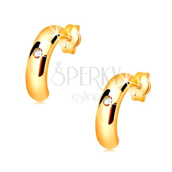 585 gold earrings - shiny half-circle with protruding surface, clear zircon