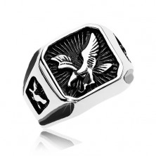 Massive ring made of 316L steel, black patinated square with bird of prey