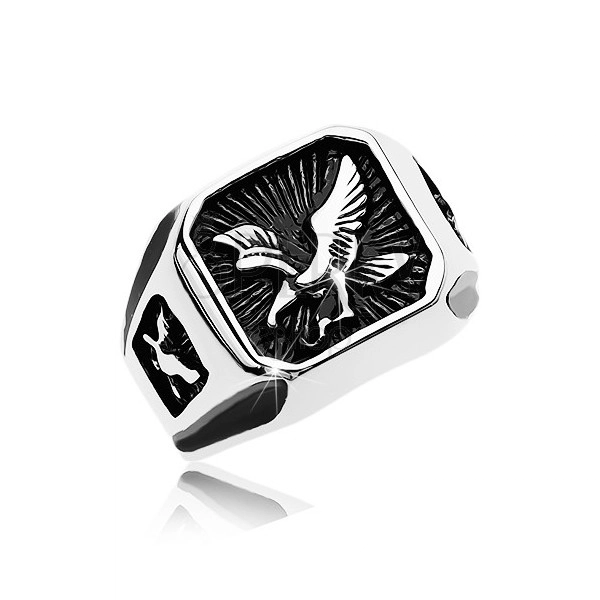 Massive ring made of 316L steel, black patinated square with bird of prey