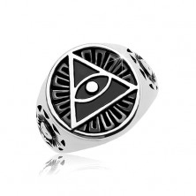 Ring made of 316L steel, black patinated circle and triangle with eye