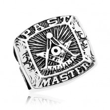 Ring made of surgical steel, freemason symbols and inscription, black patina