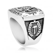 Ring made of surgical steel, freemason symbols and inscription, black patina