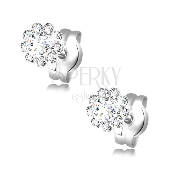 Earrings made of white 14K gold - glistening flower composed of round clear zircons