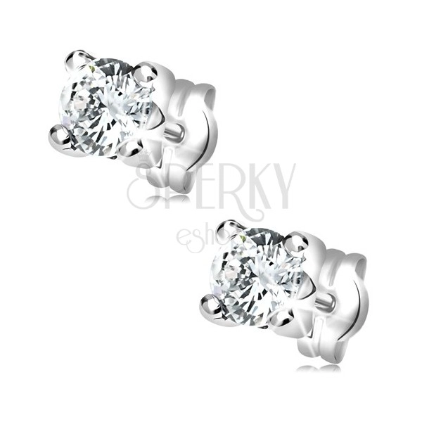 Earrings made of white 14K gold - round clear zircon in angular mount