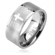 Steel ring, matt strip with shiny cross and the Lord's prayer, 6 mm