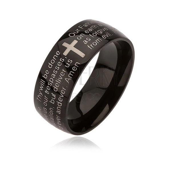 Black ring made of surgical steel, cross in silver colour, the Lord's prayer, 6 mm
