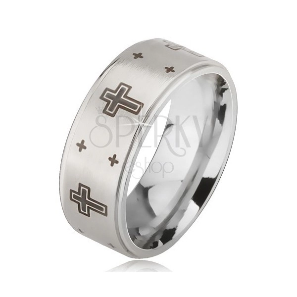 Ring made of 316L steel with matt centre and imprint of cross, silver colour, 6 mm