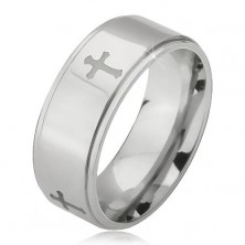 Steel ring in silver colour, engraved crosses and lowered borders, 6 mm