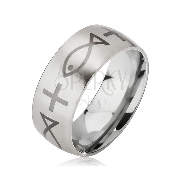 Matt ring made of surgical steel in silver colour, imprint of cross and fish, 6 mm