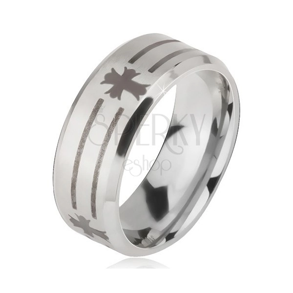 Ring made of 316L steel in silver colour, imprint of strips and crosses, 6 mm