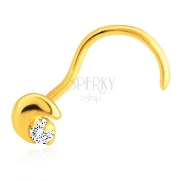 Nose piercing made of yellow 14K gold - bent, crescent moon, zircon