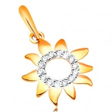 Pendant made of yellow 585 gold, glistening sun with sparkly clear circle