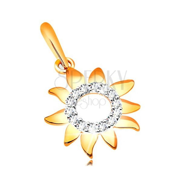 Pendant made of yellow 585 gold, glistening sun with sparkly clear circle