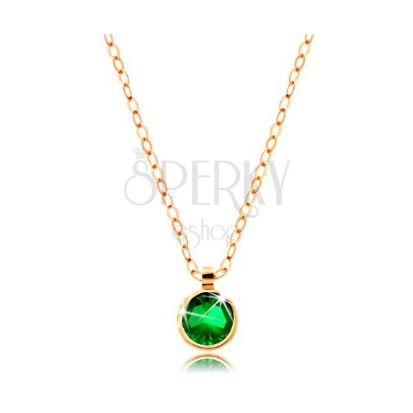 Yellow 14K gold necklace - glossy chain, round zircon of emerald colour