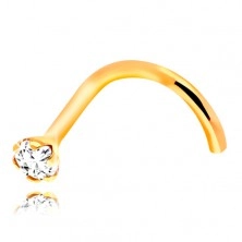 Bent nose piercing made of yellow 14K gold, clear round zircon, 1,5 mm