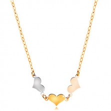 Necklace made of 14K gold - three symmetric flat hearts in three shades of gold