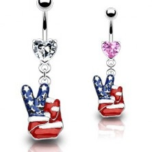 Belly ring with peace gesture in colours of American flag