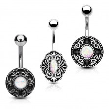 Set of three steel bellybutton piercings, opal imitations, ornaments, patina
