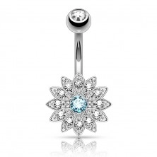 Bellybutton piercing made of surgical steel, glossy zircon flower