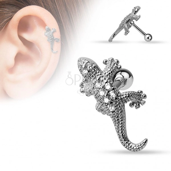 Steel tragus piercing, silver colour, lizard decorated with clear zircons