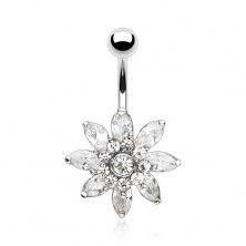 Steel bellybutton piercing, sparkly flower composed of zircons