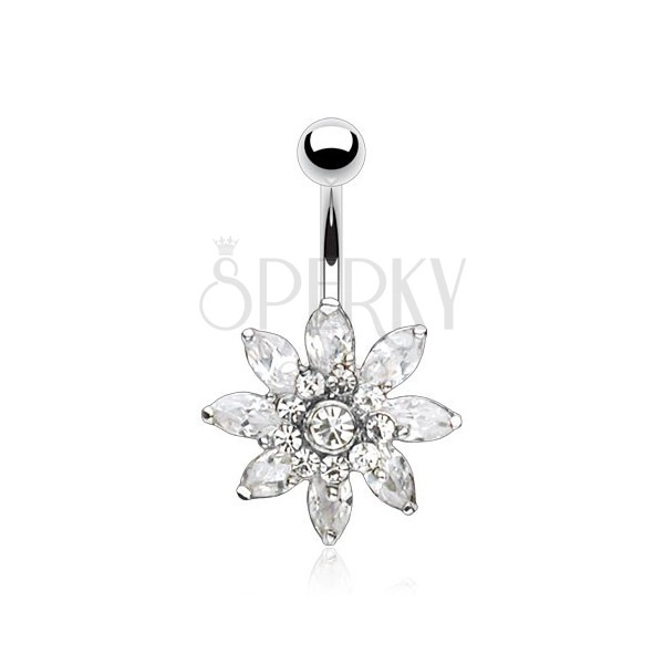 Steel bellybutton piercing, sparkly flower composed of zircons