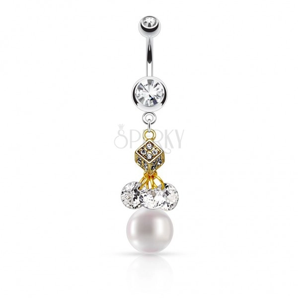 Bellybutton piercing made of 316L steel, cube in gold colour, clear zircons, white ball