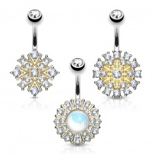 Set of three steel bellybutton piercings, decorated with zircons and opalite