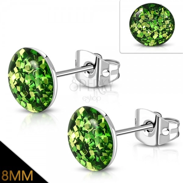 Earrings made of 316L steel - sparkly green glitters covered with clear glaze