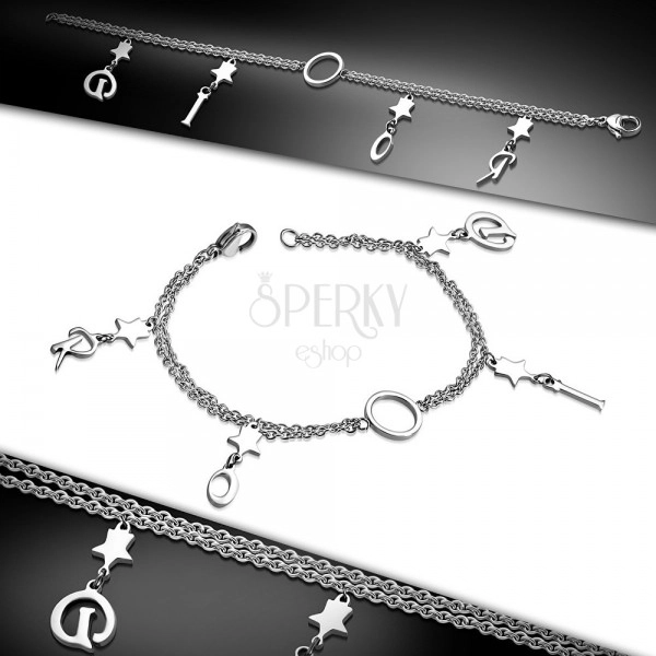 Surgical steel bracelet in silver colour, double chain, stars with letters 
