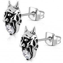 316L steel earrings - devil with horns and clear zircon in mouth, patina