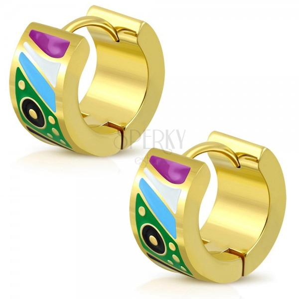 Gold steel earrings with hinged snap, glazed colorful shapes