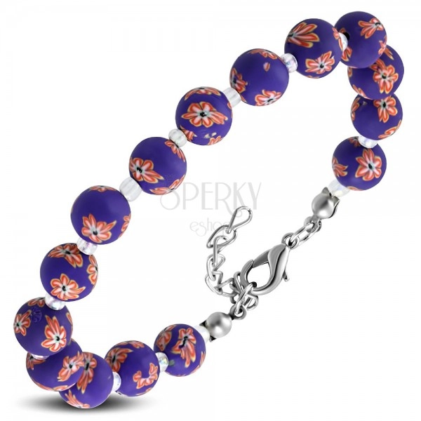 Purple bracelet, bigger FIMO balls with flowers and small transparent beads
