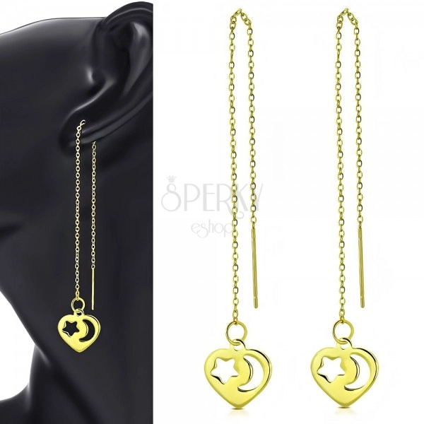 316L steel dangling earrings, gold shade, a thin chain, a heart with cut-outs