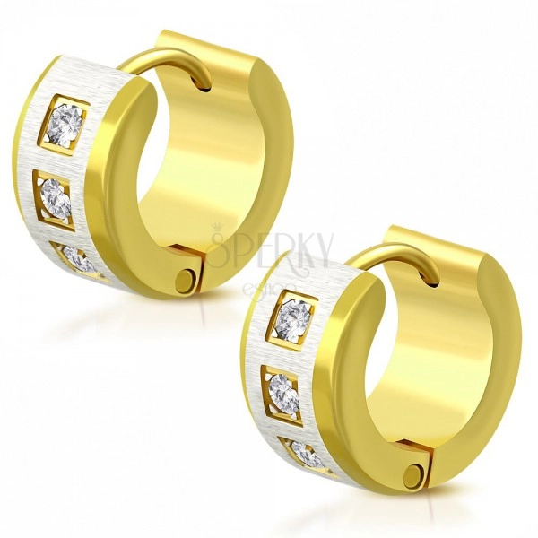 Bicolor surgical steel earrings with hinged snap, matt strip, clear zircons