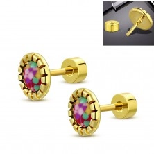 Golden steel earrings, colourful flower, screw-back clasp
